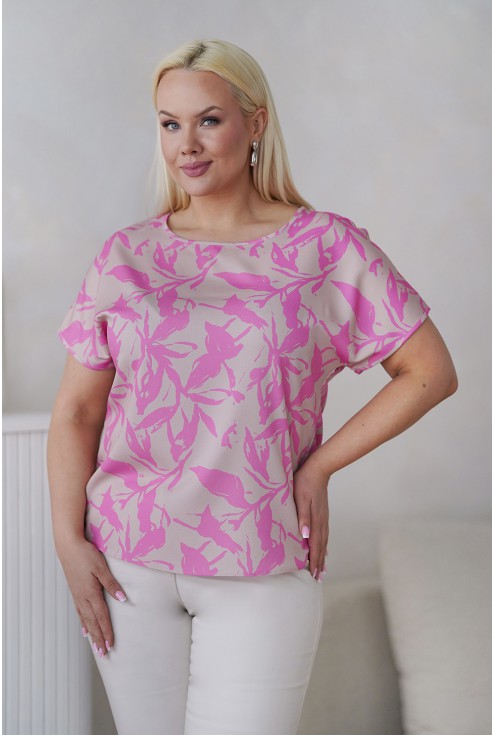 Beżowa bluzka w różowy wzór xxl monasou