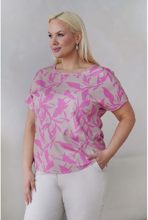 Beżowa bluzka w różowy wzór duże rozmiary w sklepie Monasou