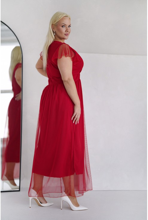 zwiewna długa czerwona sukienka z siateczką xxl monasou