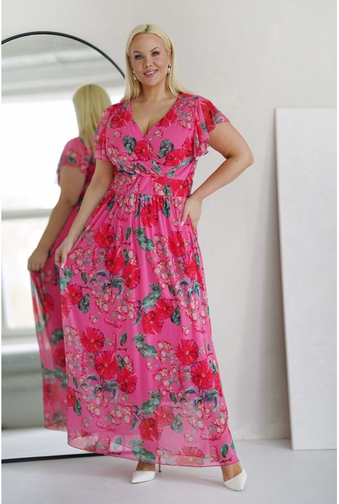 Różowa długa sukienka w kwiaty xxl monasou