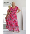 Różowa wizytowa sukienka maxi z siateczką w kwiaty - RINNA PRINT