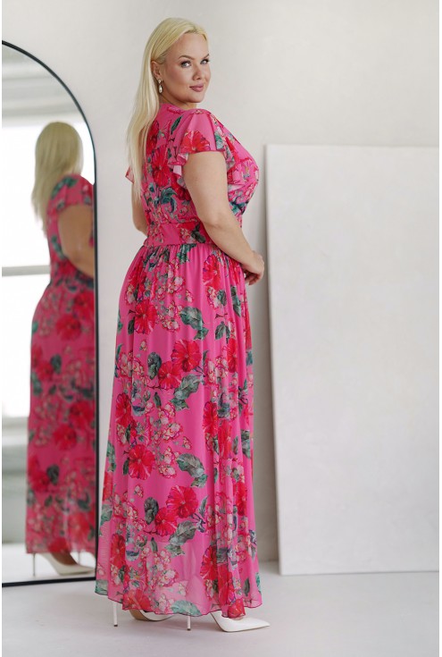 Długa różowa sukienka w kwiaty plus size monasou