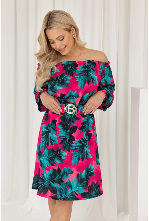 Różowa sukienka hiszpanka w turkusowe liście plus size xxl monasou