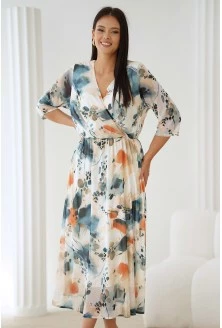 Kremowa sukienka maxi w turkusowo-pomarańczowy wzór - Addison