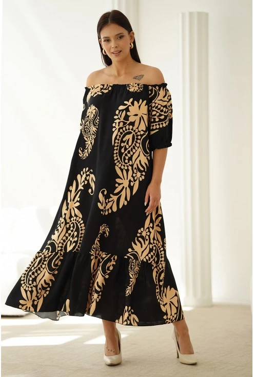czarna długa sukienka hiszpanka w beżowy wzór xxl monasou