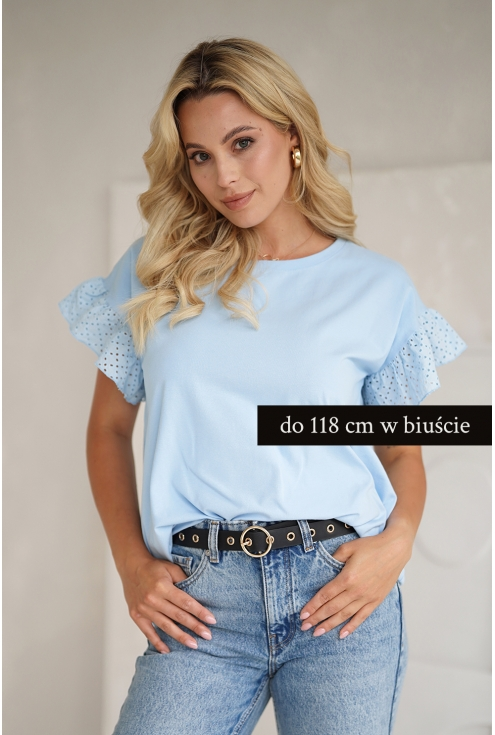 błękitna bluzka plus size z efektownymi rękawami